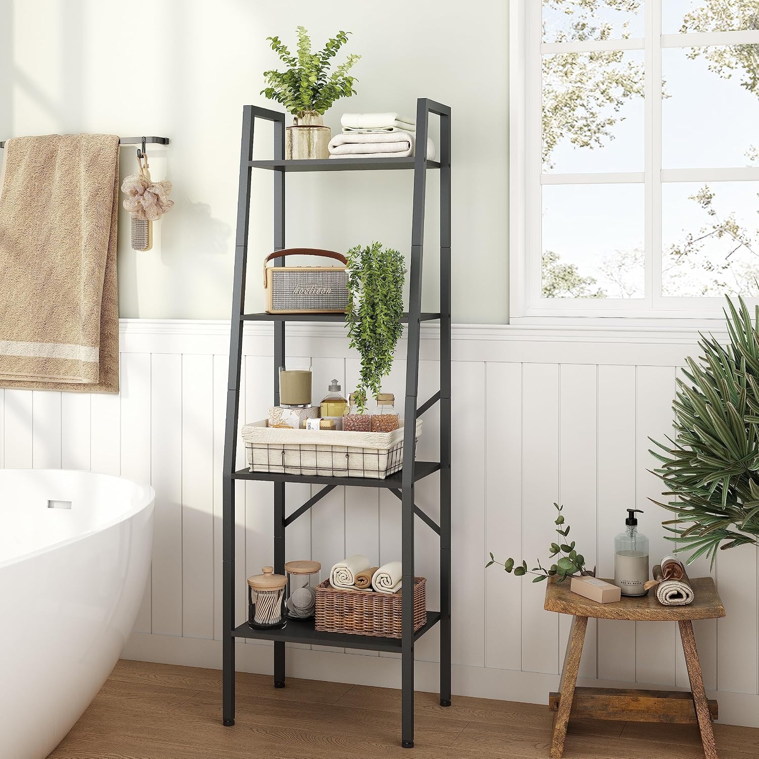 Hoctieon Ladder Shelf Bookcase, 4-Tier Industrial Tall Ladder Bookshelf with Metal Frame for Living Room, Kitchen, Home Office, Bedroom, Rustic Brown