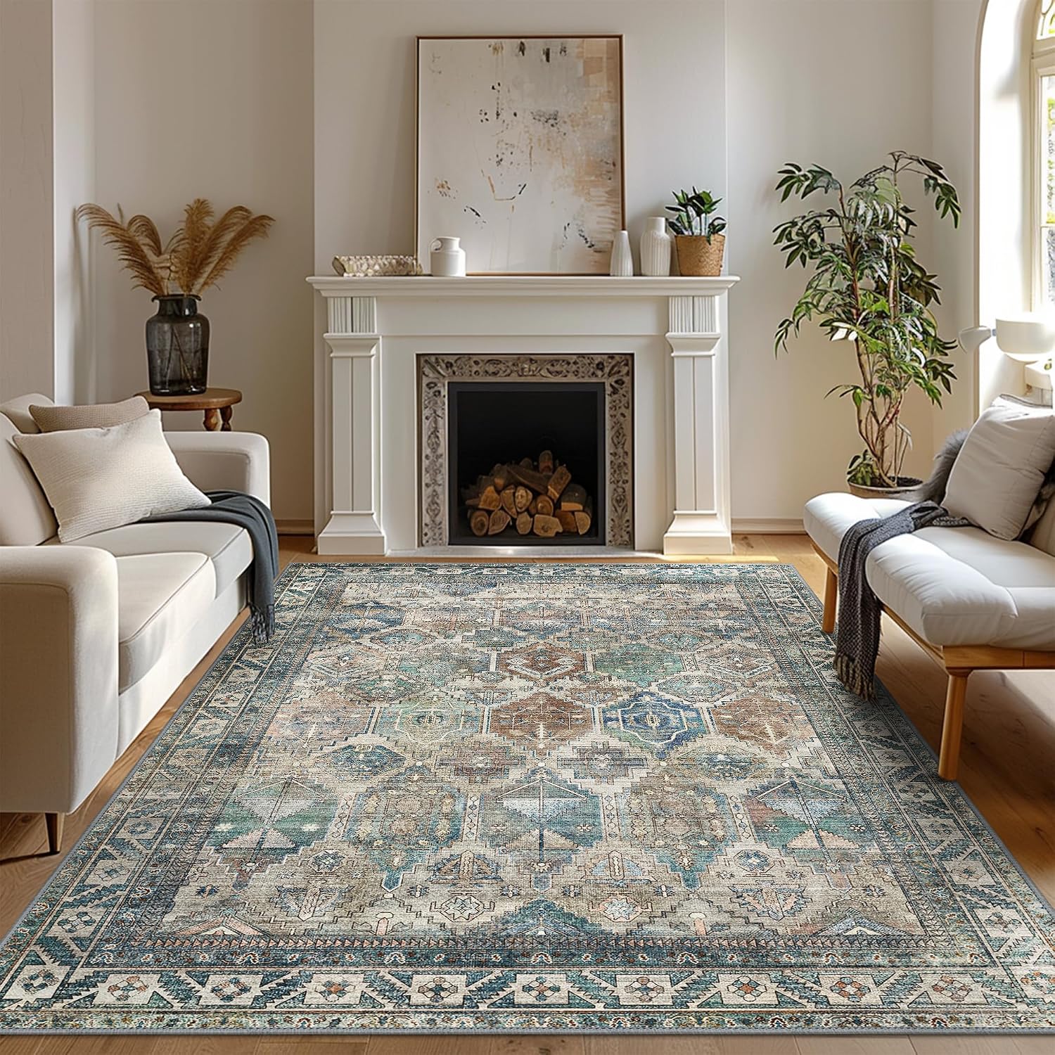 Area Rug 8x10 Machine Washable Vintage Distressed Print Ultra-Thin Chenille Bedroom Living Room Accent Rug, Low Pile Lightweight Non Slip with Gripper, Sage/Charcoal
