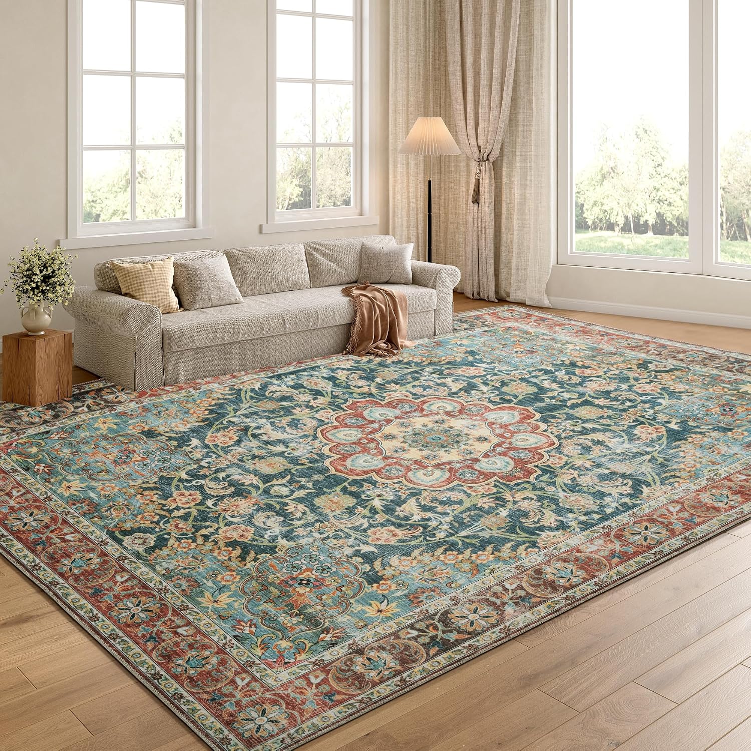 HOMBYS 10x14 Vintage Area Rug for Living Room Bedroom, Large Boho Floor Carpet with Non-Slip Backing for Indoor Office Dining Room, Traditional Home Deco Non-Shedding, Machine Washable