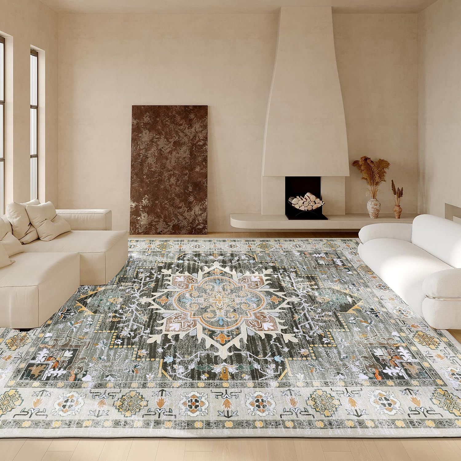 HOMBYS 10x14 Vintage Area Rug for Living Room Bedroom, Large Boho Floor Carpet with Non-Slip Backing for Indoor Office Dining Room, Traditional Home Deco Non-Shedding, Machine Washable