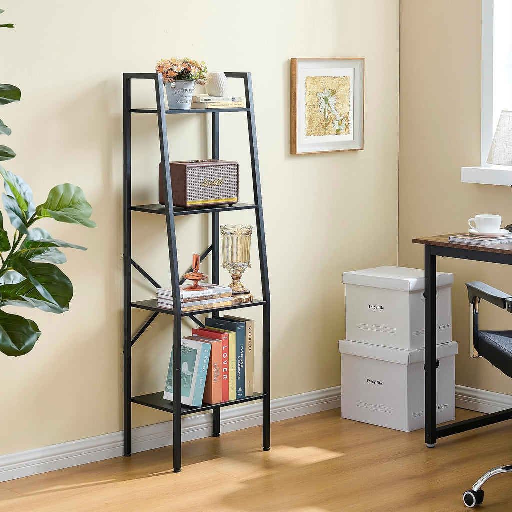 Hoctieon Ladder Shelf Bookcase, 4-Tier Industrial Tall Ladder Bookshelf with Metal Frame for Living Room, Kitchen, Home Office, Bedroom, Rustic Brown