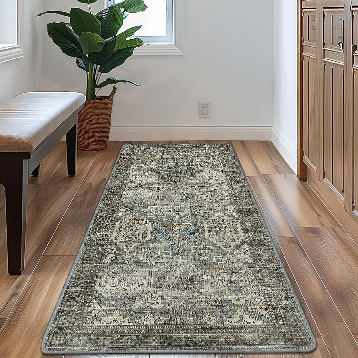 Area Rug 8x10 Machine Washable Vintage Distressed Print Ultra-Thin Chenille Bedroom Living Room Accent Rug, Low Pile Lightweight Non Slip with Gripper, Sage/Charcoal