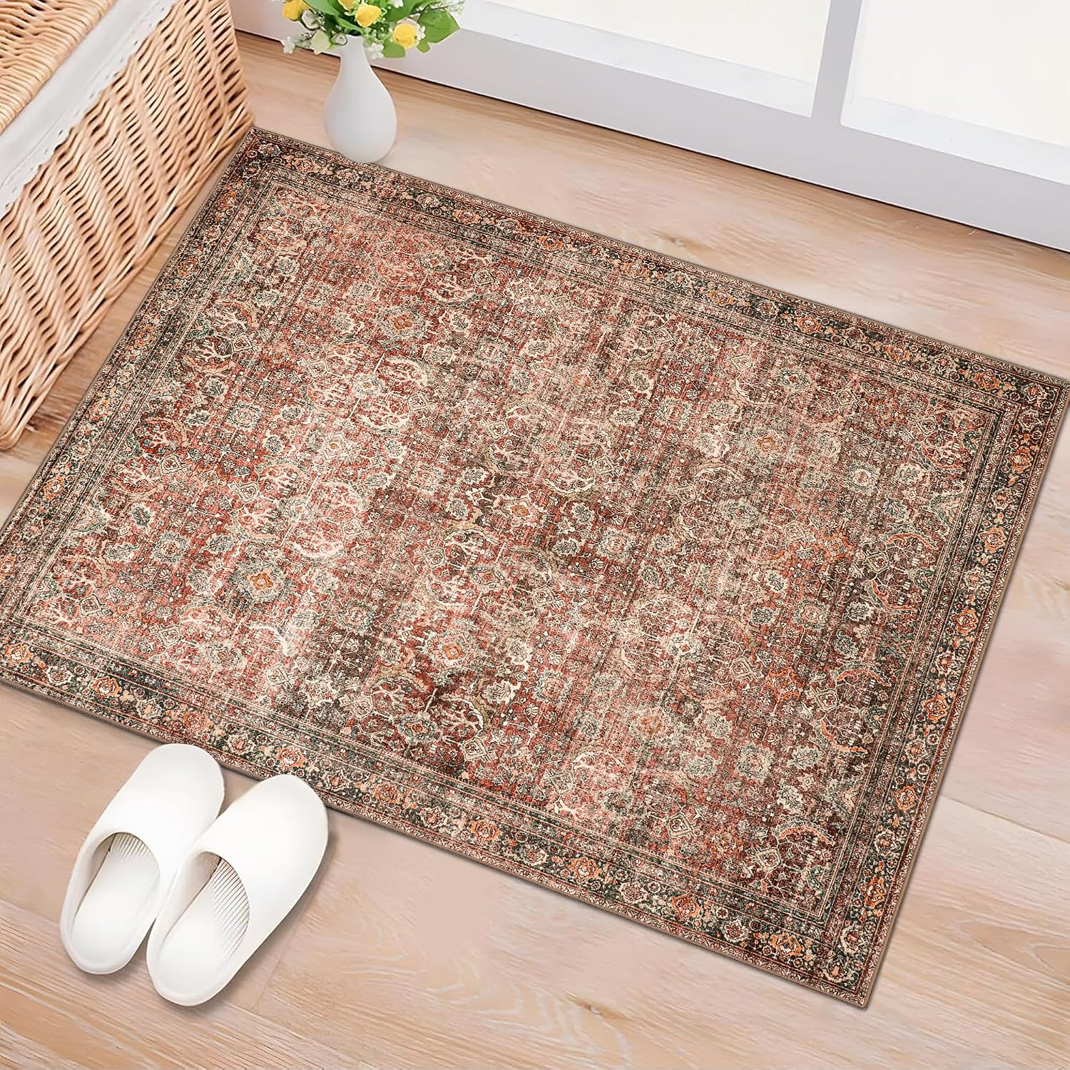 Area Rug 8x10 Machine Washable Vintage Distressed Print Ultra-Thin Chenille Bedroom Living Room Accent Rug, Low Pile Lightweight Non Slip with Gripper, Sage/Charcoal