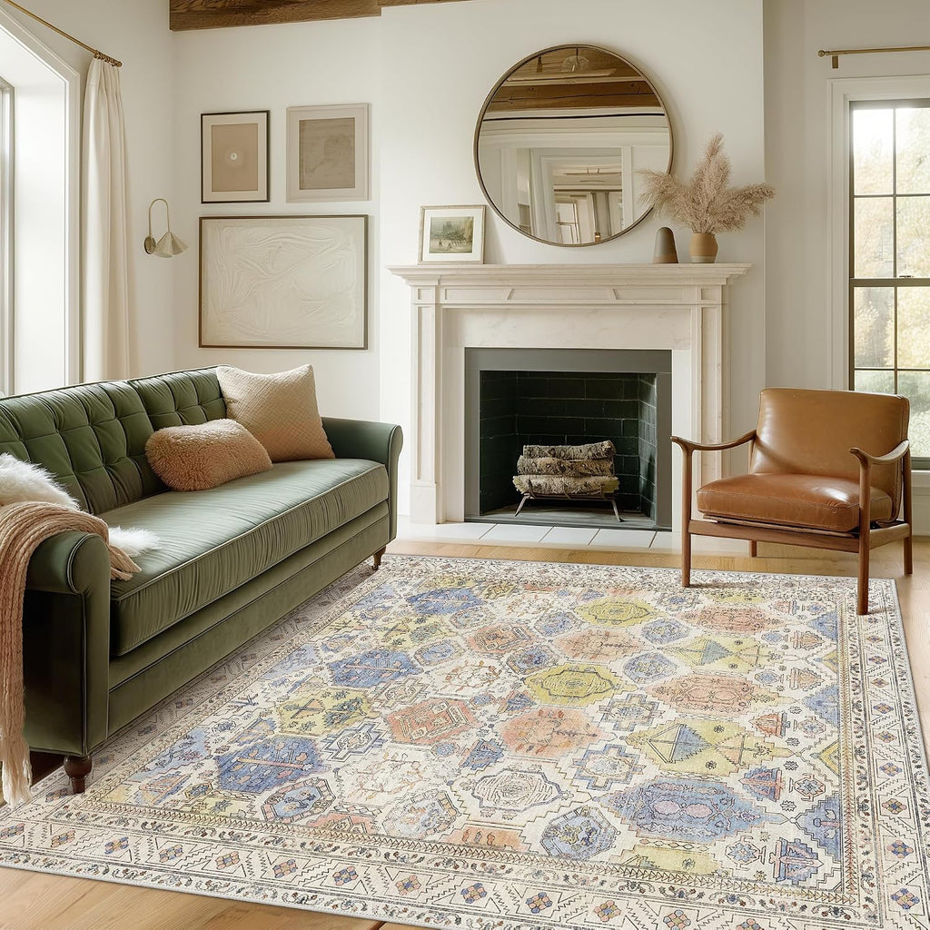 Area Rug 8x10 Machine Washable Vintage Distressed Print Ultra-Thin Chenille Bedroom Living Room Accent Rug, Low Pile Lightweight Non Slip with Gripper, Sage/Charcoal