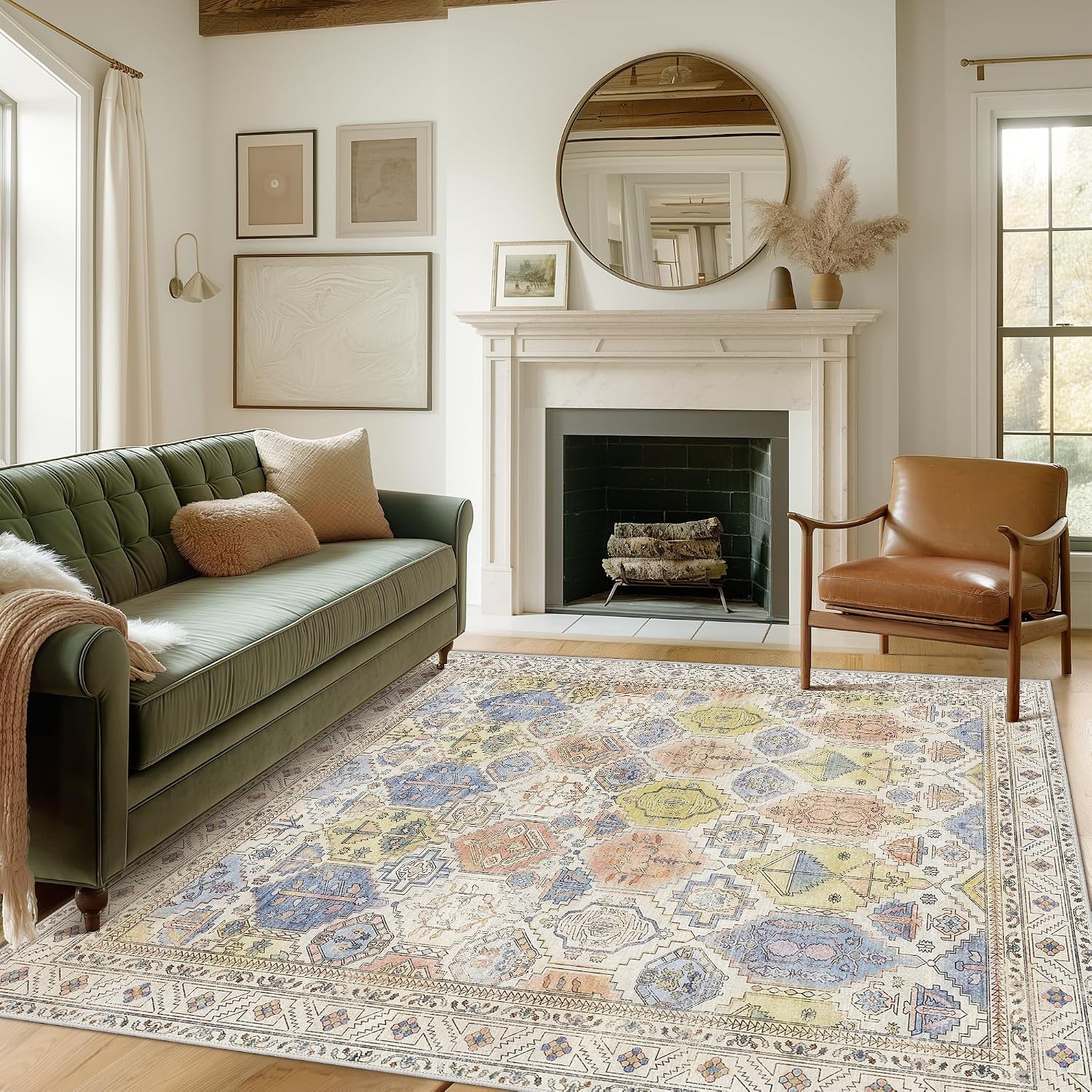 Area Rug 8x10 Machine Washable Vintage Distressed Print Ultra-Thin Chenille Bedroom Living Room Accent Rug, Low Pile Lightweight Non Slip with Gripper, Sage/Charcoal