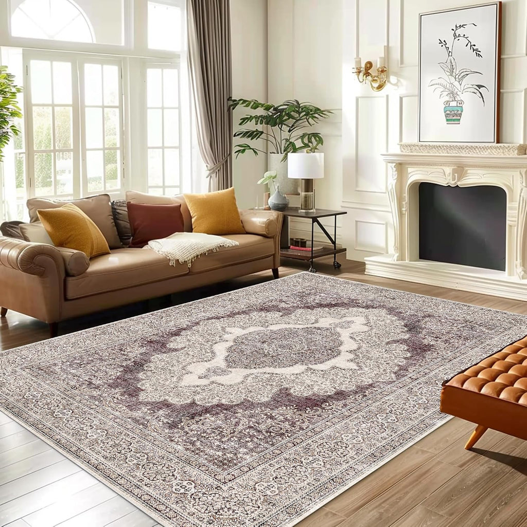 Area Rug 8x10 Machine Washable Vintage Distressed Print Ultra-Thin Chenille Bedroom Living Room Accent Rug, Low Pile Lightweight Non Slip with Gripper, Sage/Charcoal