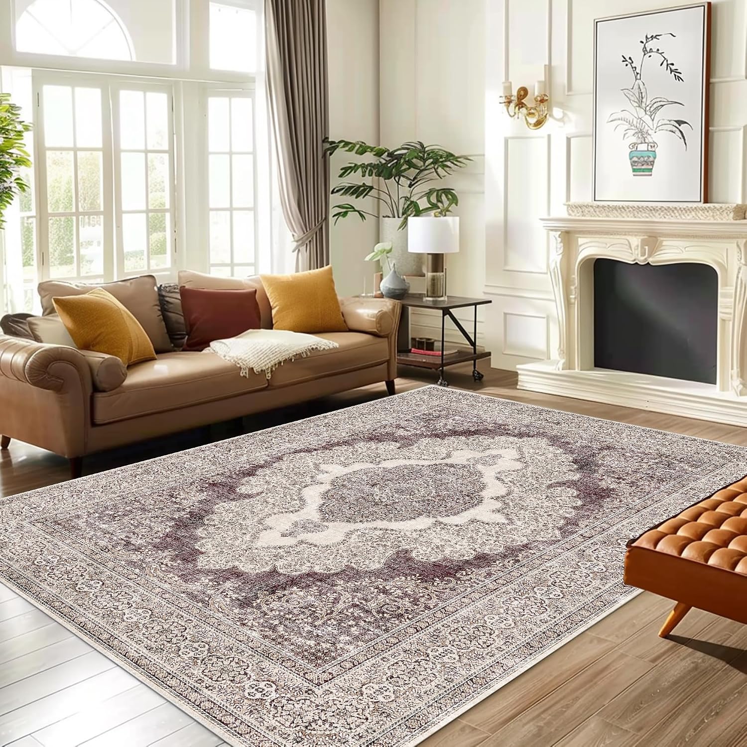 Area Rug 8x10 Machine Washable Vintage Distressed Print Ultra-Thin Chenille Bedroom Living Room Accent Rug, Low Pile Lightweight Non Slip with Gripper, Sage/Charcoal