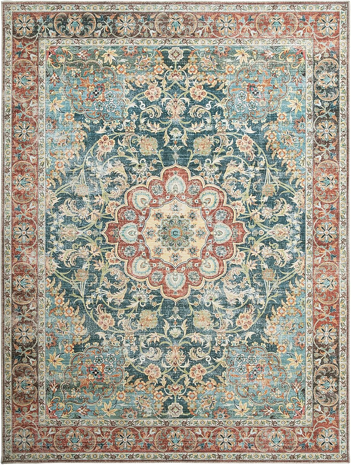 HOMBYS 10x14 Vintage Area Rug for Living Room Bedroom, Large Boho Floor Carpet with Non-Slip Backing for Indoor Office Dining Room, Traditional Home Deco Non-Shedding, Machine Washable