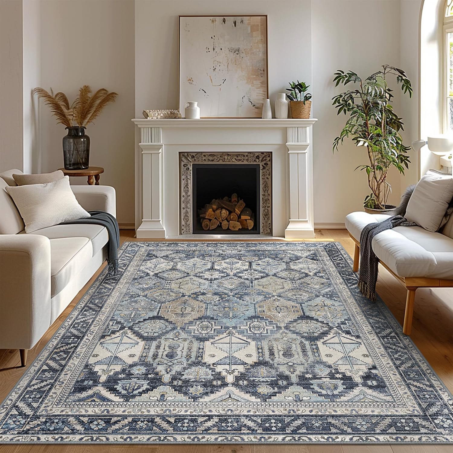 Area Rug 8x10 Machine Washable Vintage Distressed Print Ultra-Thin Chenille Bedroom Living Room Accent Rug, Low Pile Lightweight Non Slip with Gripper, Sage/Charcoal