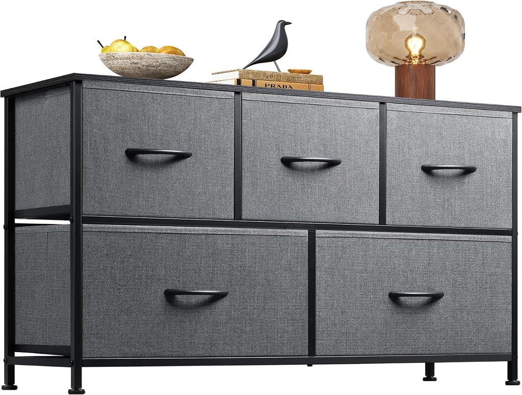WLIVE Dresser for Bedroom with 5 Drawers, Wide Chest of Drawers, Fabric Dresser, Storage Organizer Unit with Fabric Bins for Closet, Living Room, Hallway, Rustic Brown Wood Grain Print