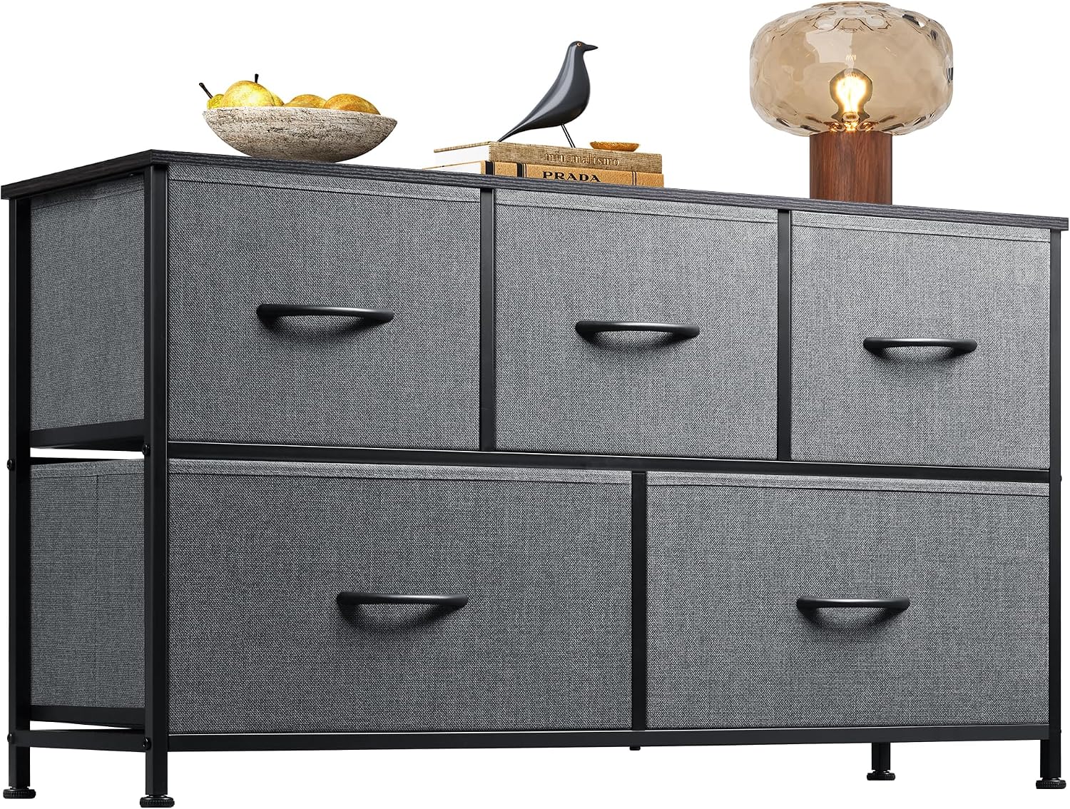WLIVE Dresser for Bedroom with 5 Drawers, Wide Chest of Drawers, Fabric Dresser, Storage Organizer Unit with Fabric Bins for Closet, Living Room, Hallway, Rustic Brown Wood Grain Print