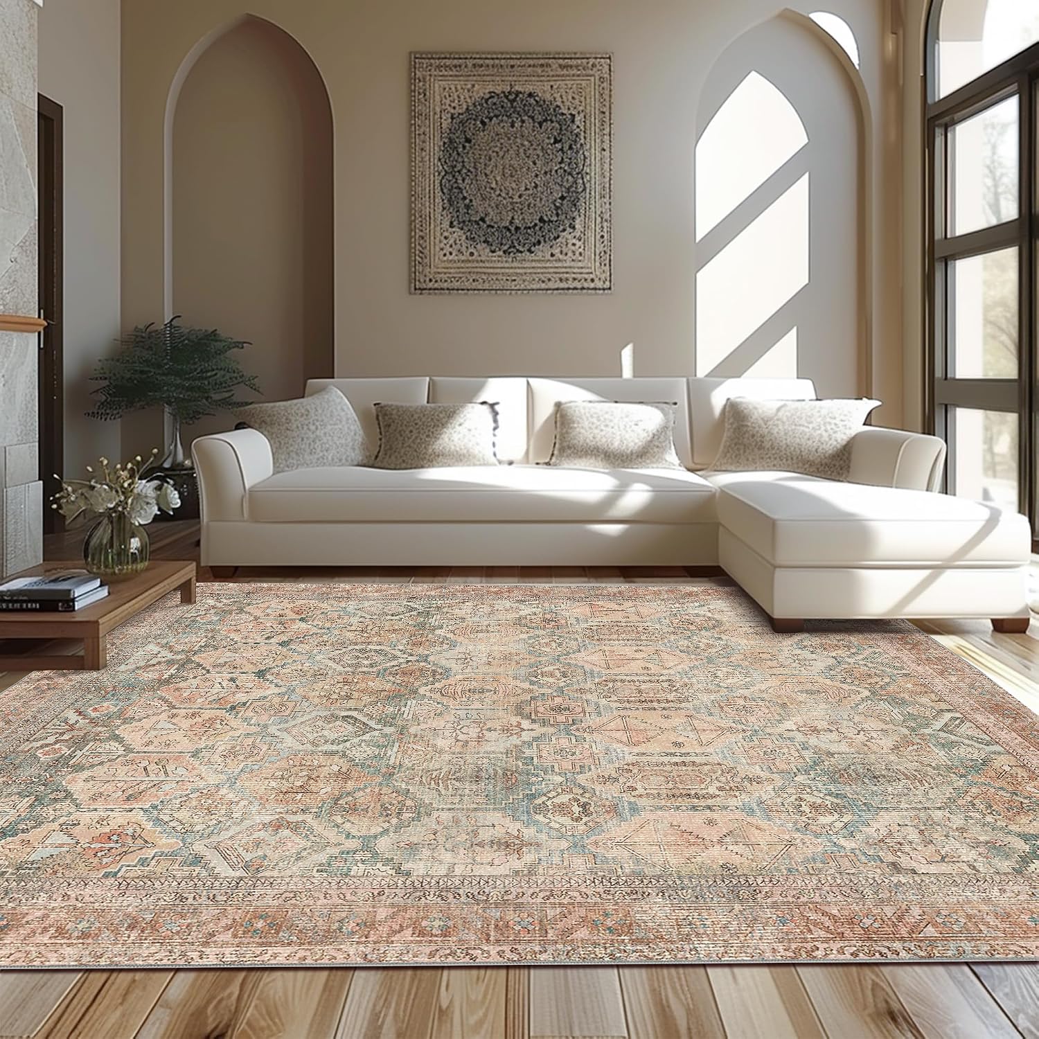 Area Rug 8x10 Machine Washable Vintage Distressed Print Ultra-Thin Chenille Bedroom Living Room Accent Rug, Low Pile Lightweight Non Slip with Gripper, Sage/Charcoal