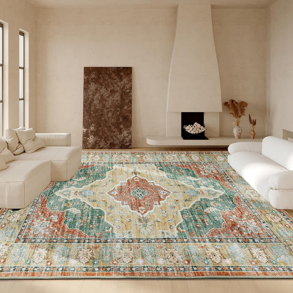 HOMBYS 10x14 Vintage Area Rug for Living Room Bedroom, Large Boho Floor Carpet with Non-Slip Backing for Indoor Office Dining Room, Traditional Home Deco Non-Shedding, Machine Washable