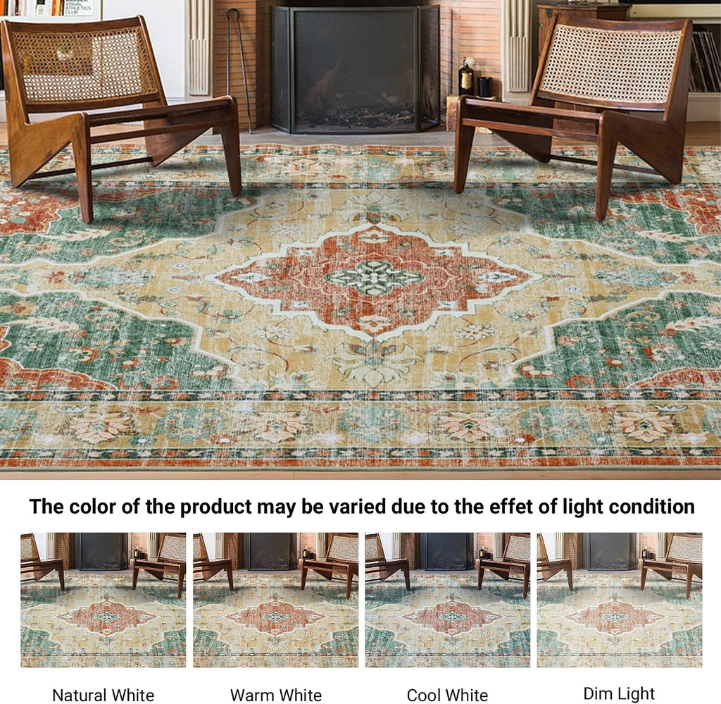 HOMBYS 10x14 Vintage Area Rug for Living Room Bedroom, Large Boho Floor Carpet with Non-Slip Backing for Indoor Office Dining Room, Traditional Home Deco Non-Shedding, Machine Washable