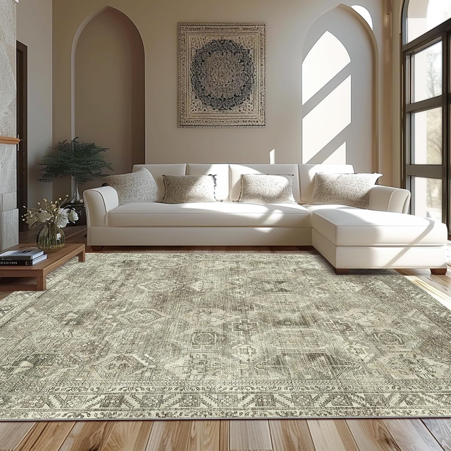 Area Rug 8x10 Machine Washable Vintage Distressed Print Ultra-Thin Chenille Bedroom Living Room Accent Rug, Low Pile Lightweight Non Slip with Gripper, Sage/Charcoal