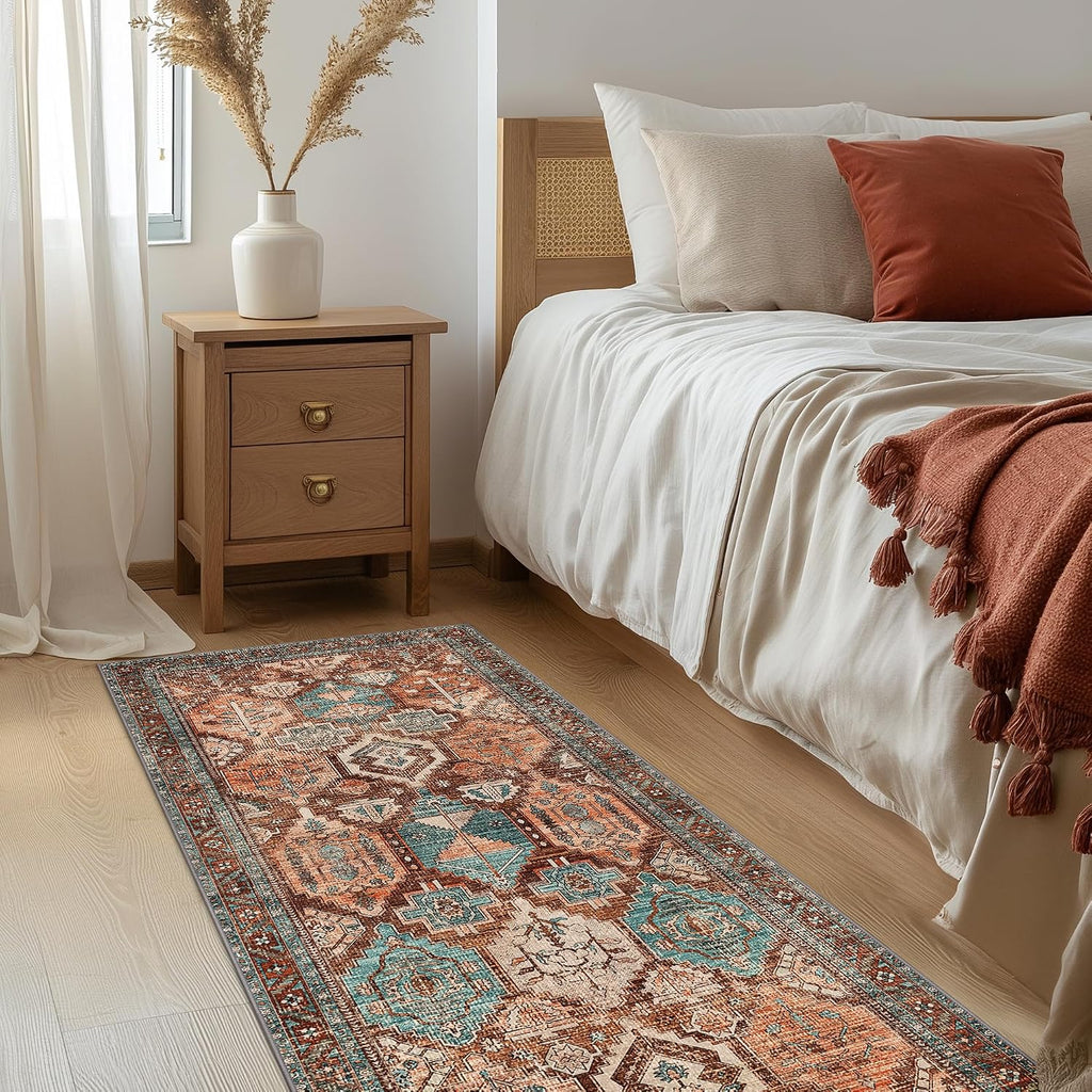 Area Rug 8x10 Machine Washable Vintage Distressed Print Ultra-Thin Chenille Bedroom Living Room Accent Rug, Low Pile Lightweight Non Slip with Gripper, Sage/Charcoal
