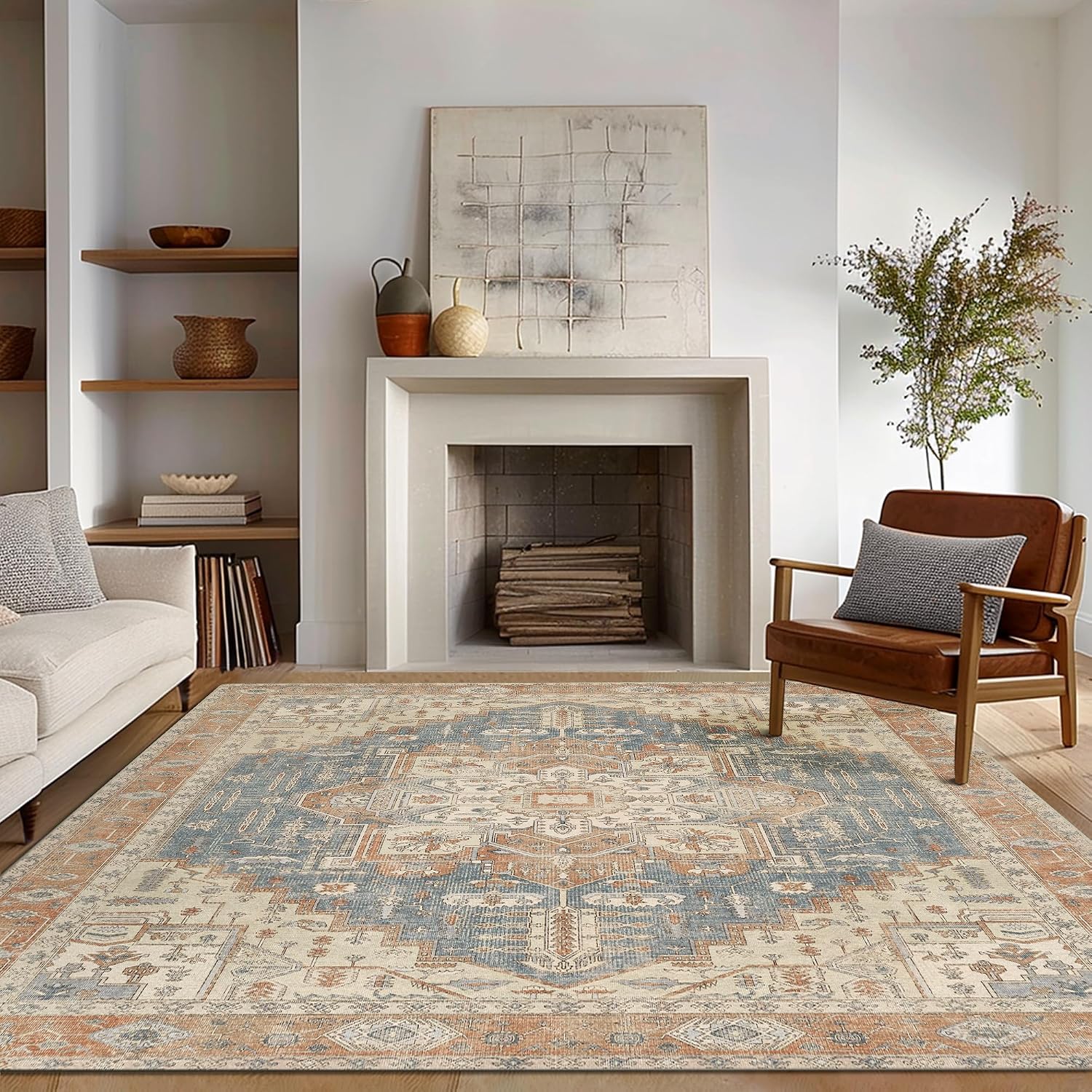 Area Rug 8x10 Machine Washable Vintage Distressed Print Ultra-Thin Chenille Bedroom Living Room Accent Rug, Low Pile Lightweight Non Slip with Gripper, Sage/Charcoal