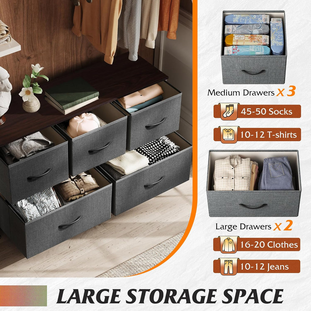 WLIVE Dresser for Bedroom with 5 Drawers, Wide Chest of Drawers, Fabric Dresser, Storage Organizer Unit with Fabric Bins for Closet, Living Room, Hallway, Rustic Brown Wood Grain Print