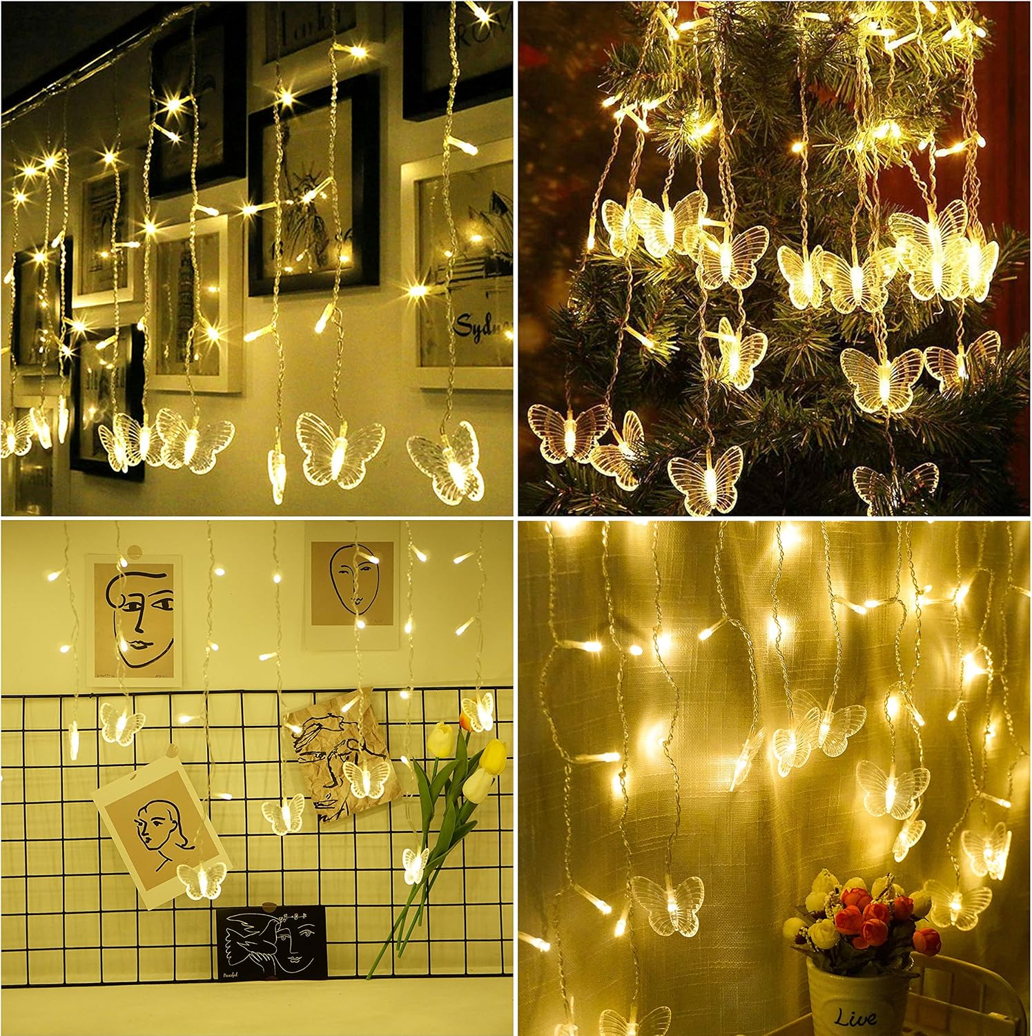 Curtain Butterfly String Light 20Ft 120LED Window USB Fairy Lights 24 Butterfly 8 Modes with Remote Control for Room Bedroom Patio Party Wedding Holiday Christmas Decoration (colorful)