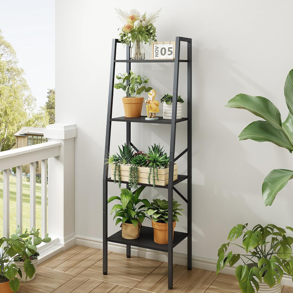 Hoctieon Ladder Shelf Bookcase, 4-Tier Industrial Tall Ladder Bookshelf with Metal Frame for Living Room, Kitchen, Home Office, Bedroom, Rustic Brown