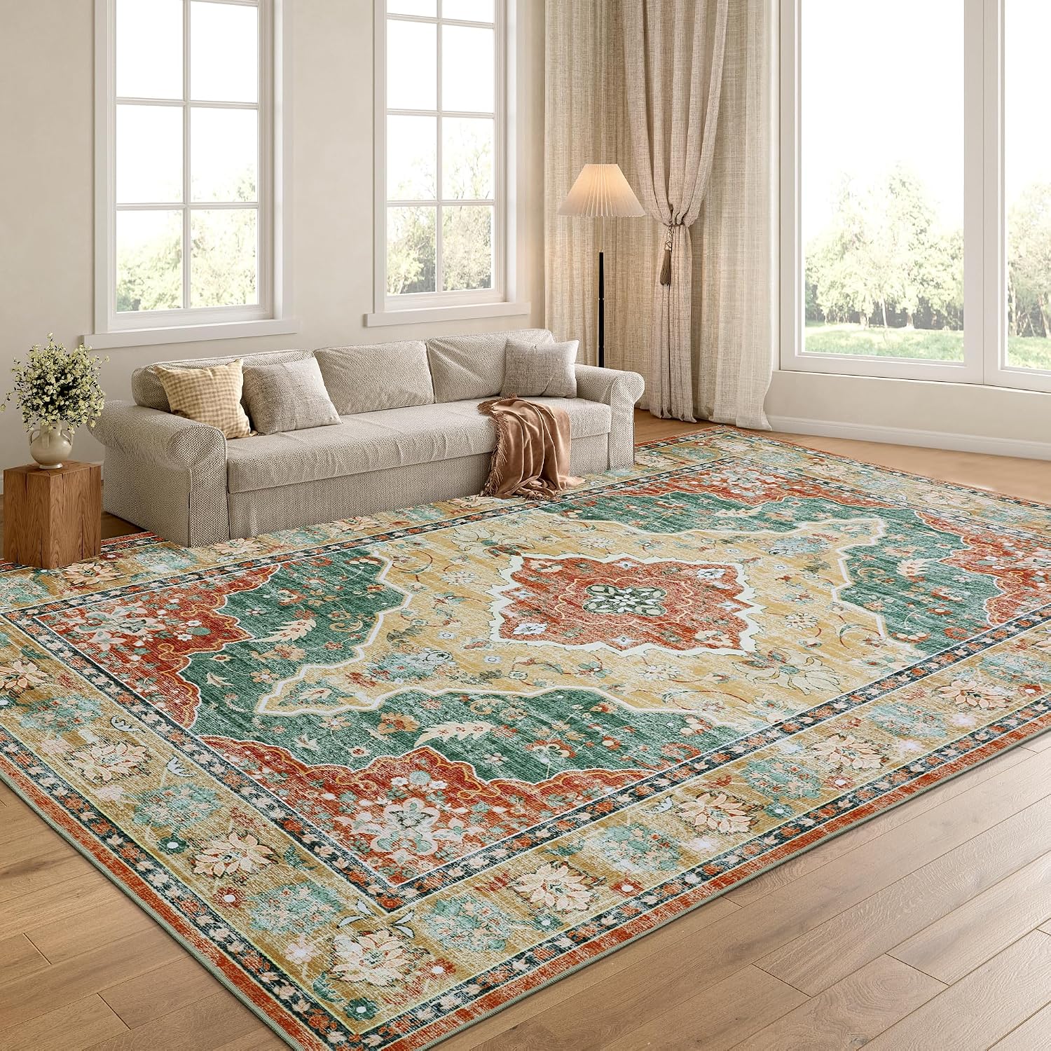 HOMBYS 10x14 Vintage Area Rug for Living Room Bedroom, Large Boho Floor Carpet with Non-Slip Backing for Indoor Office Dining Room, Traditional Home Deco Non-Shedding, Machine Washable
