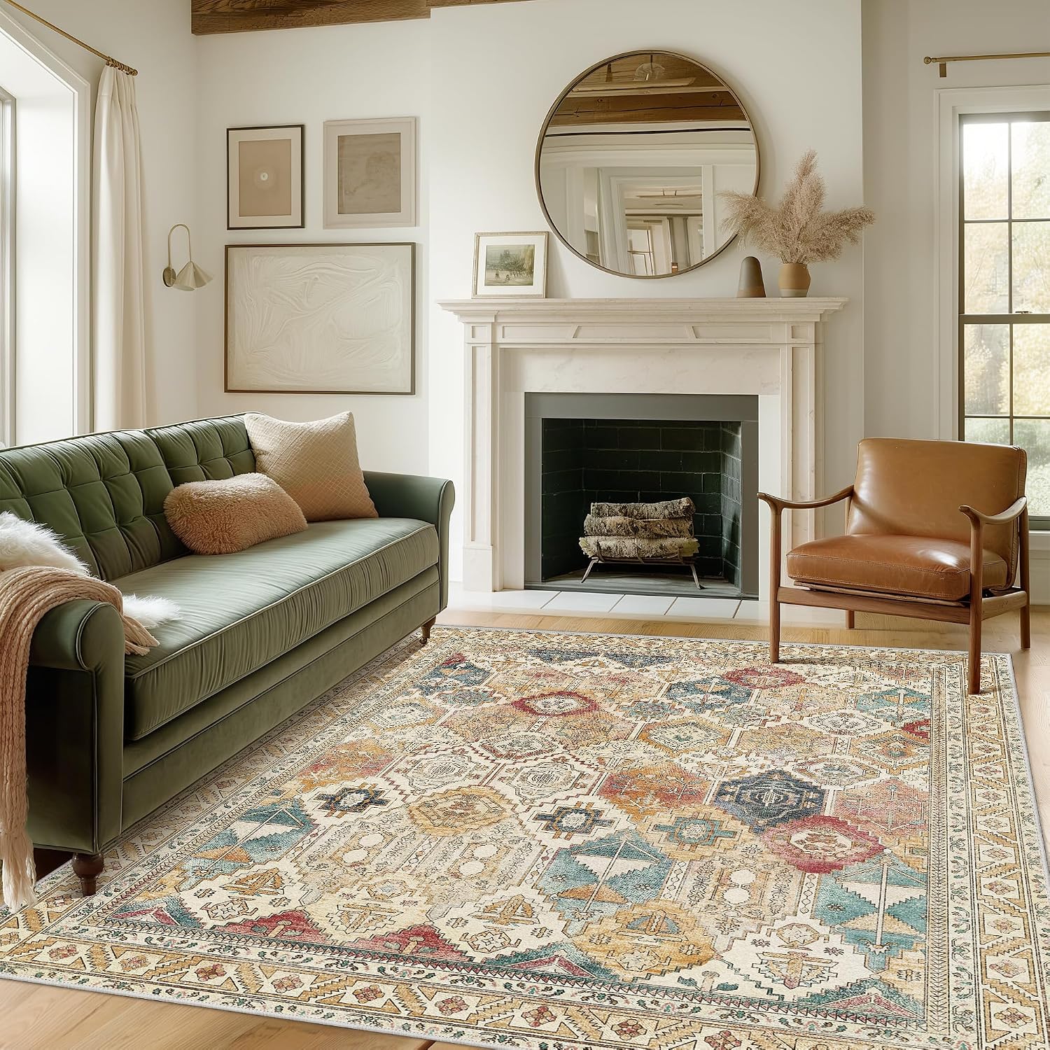 Area Rug 8x10 Machine Washable Vintage Distressed Print Ultra-Thin Chenille Bedroom Living Room Accent Rug, Low Pile Lightweight Non Slip with Gripper, Sage/Charcoal