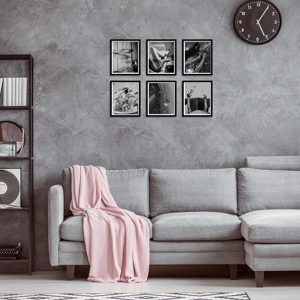 Fashion Wall Art Prints Set of 6 Feminist Black and White Glam Posters Retro Luxury Modern Women Champagne Mirror Ball Canvas Wall Decor for Living Room Bedroom (B, 8"x10" UNFRAMED)