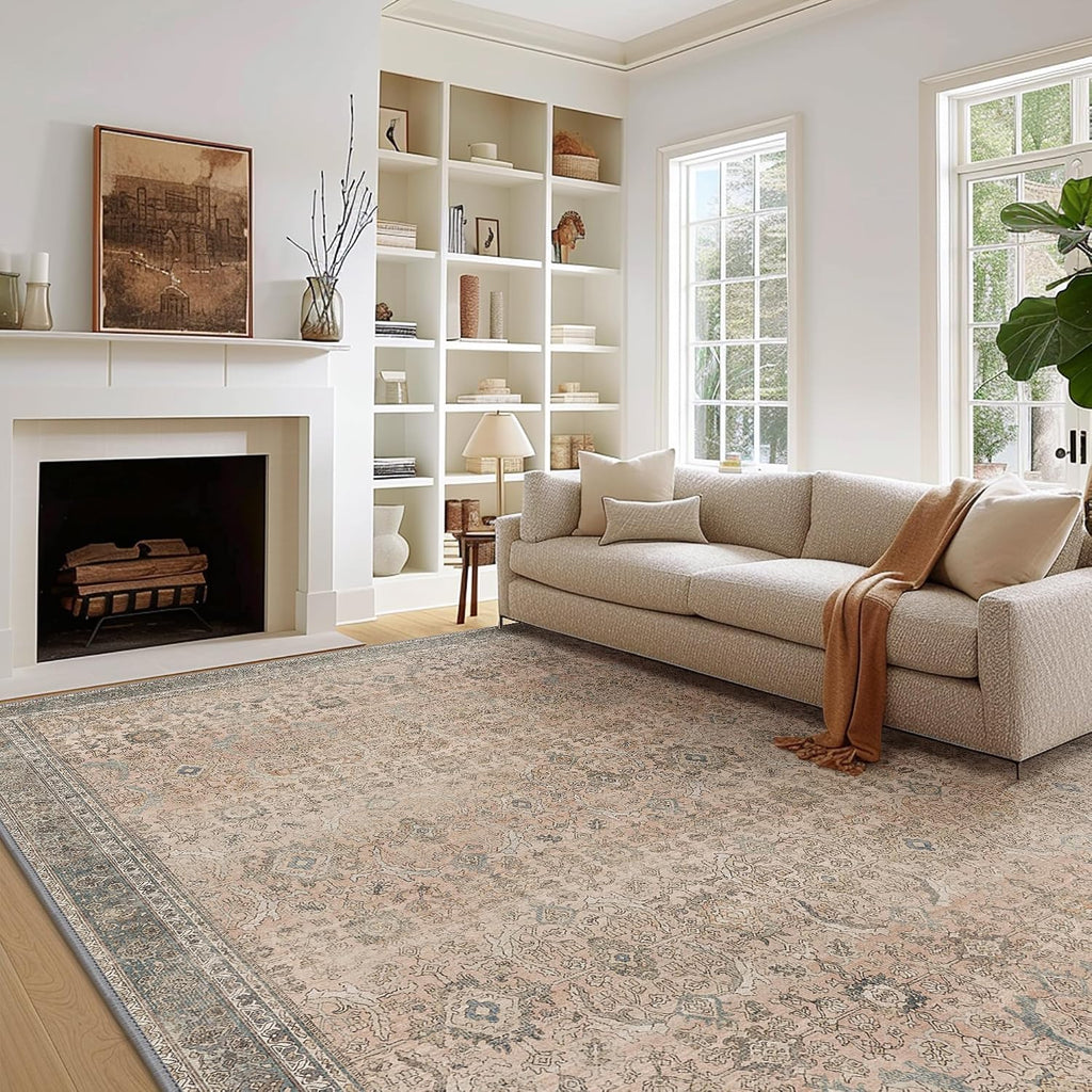 Area Rug 8x10 Machine Washable Vintage Distressed Print Ultra-Thin Chenille Bedroom Living Room Accent Rug, Low Pile Lightweight Non Slip with Gripper, Sage/Charcoal