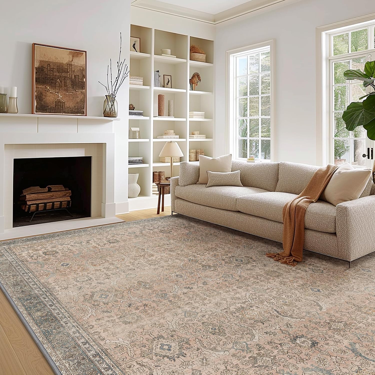 Area Rug 8x10 Machine Washable Vintage Distressed Print Ultra-Thin Chenille Bedroom Living Room Accent Rug, Low Pile Lightweight Non Slip with Gripper, Sage/Charcoal