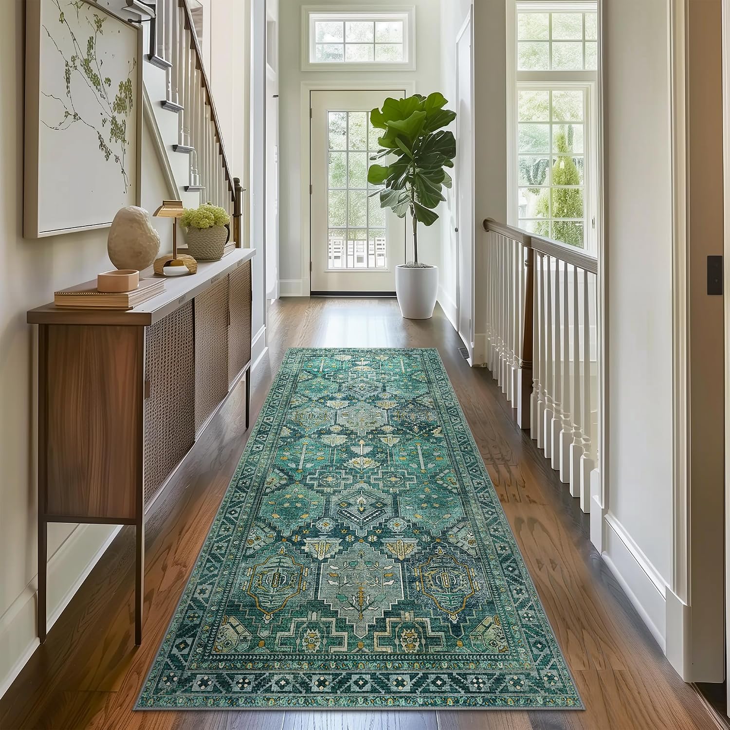 Area Rug 8x10 Machine Washable Vintage Distressed Print Ultra-Thin Chenille Bedroom Living Room Accent Rug, Low Pile Lightweight Non Slip with Gripper, Sage/Charcoal