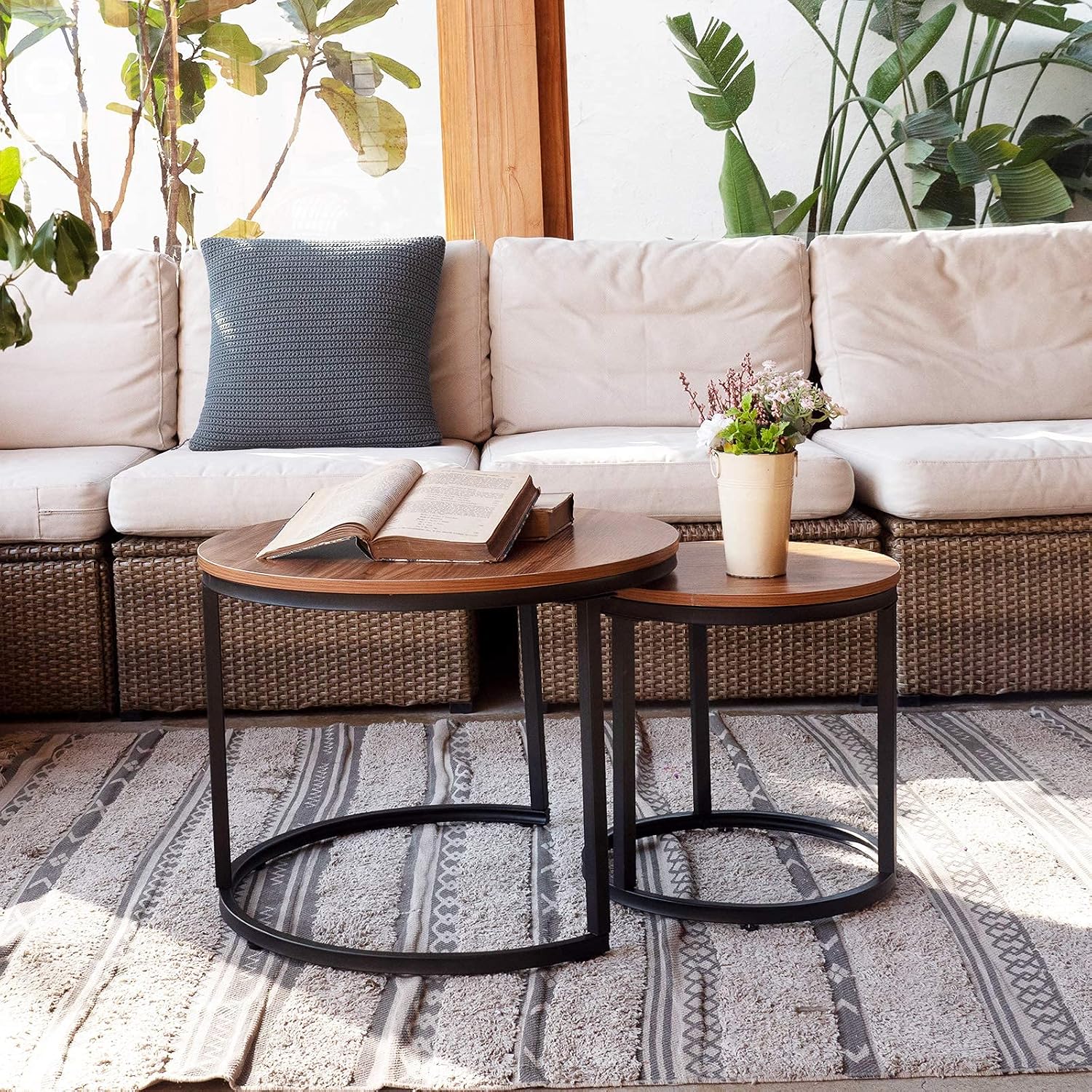 aboxoo Coffee Table Nesting White Set of 2 Side Set Golden Frame Circular Round and Marble Pattern Wooden Tables, Living Room Bedroom Apartment Modern Industrial Simple Nightstand