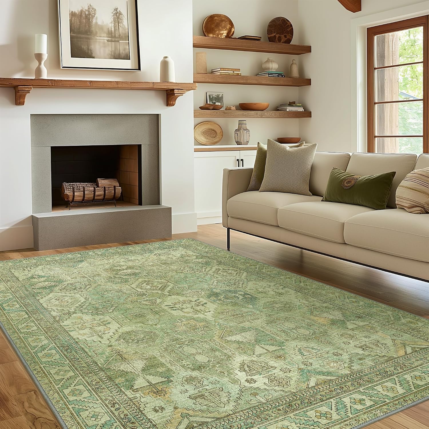 Area Rug 8x10 Machine Washable Vintage Distressed Print Ultra-Thin Chenille Bedroom Living Room Accent Rug, Low Pile Lightweight Non Slip with Gripper, Sage/Charcoal