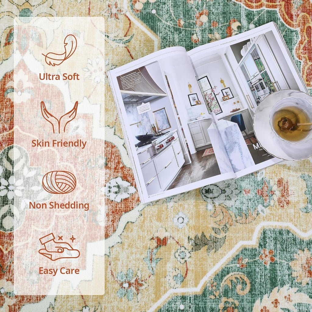 HOMBYS 10x14 Vintage Area Rug for Living Room Bedroom, Large Boho Floor Carpet with Non-Slip Backing for Indoor Office Dining Room, Traditional Home Deco Non-Shedding, Machine Washable