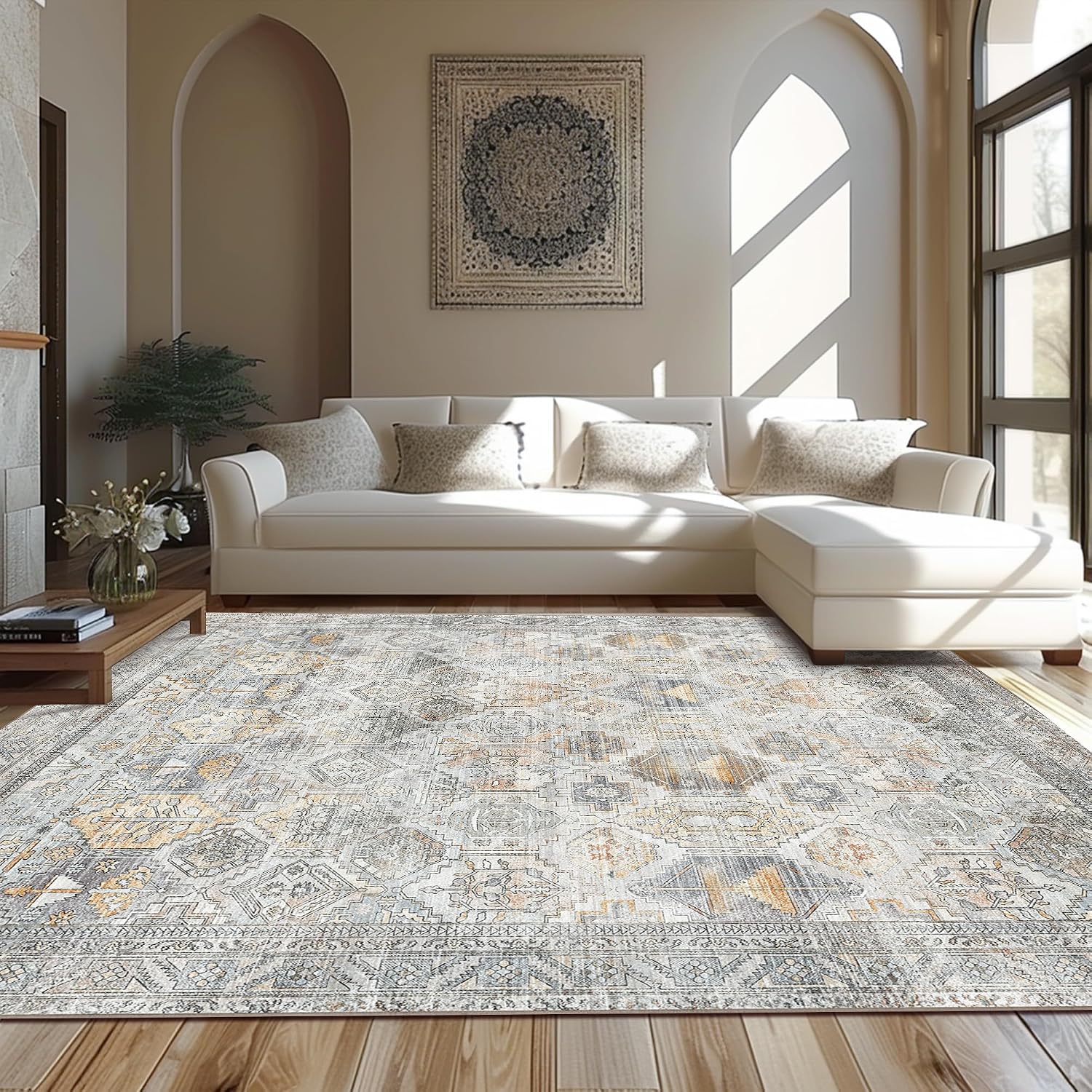 Area Rug 8x10 Machine Washable Vintage Distressed Print Ultra-Thin Chenille Bedroom Living Room Accent Rug, Low Pile Lightweight Non Slip with Gripper, Sage/Charcoal
