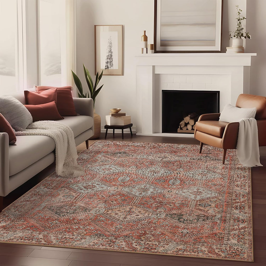 Area Rug 8x10 Machine Washable Vintage Distressed Print Ultra-Thin Chenille Bedroom Living Room Accent Rug, Low Pile Lightweight Non Slip with Gripper, Sage/Charcoal