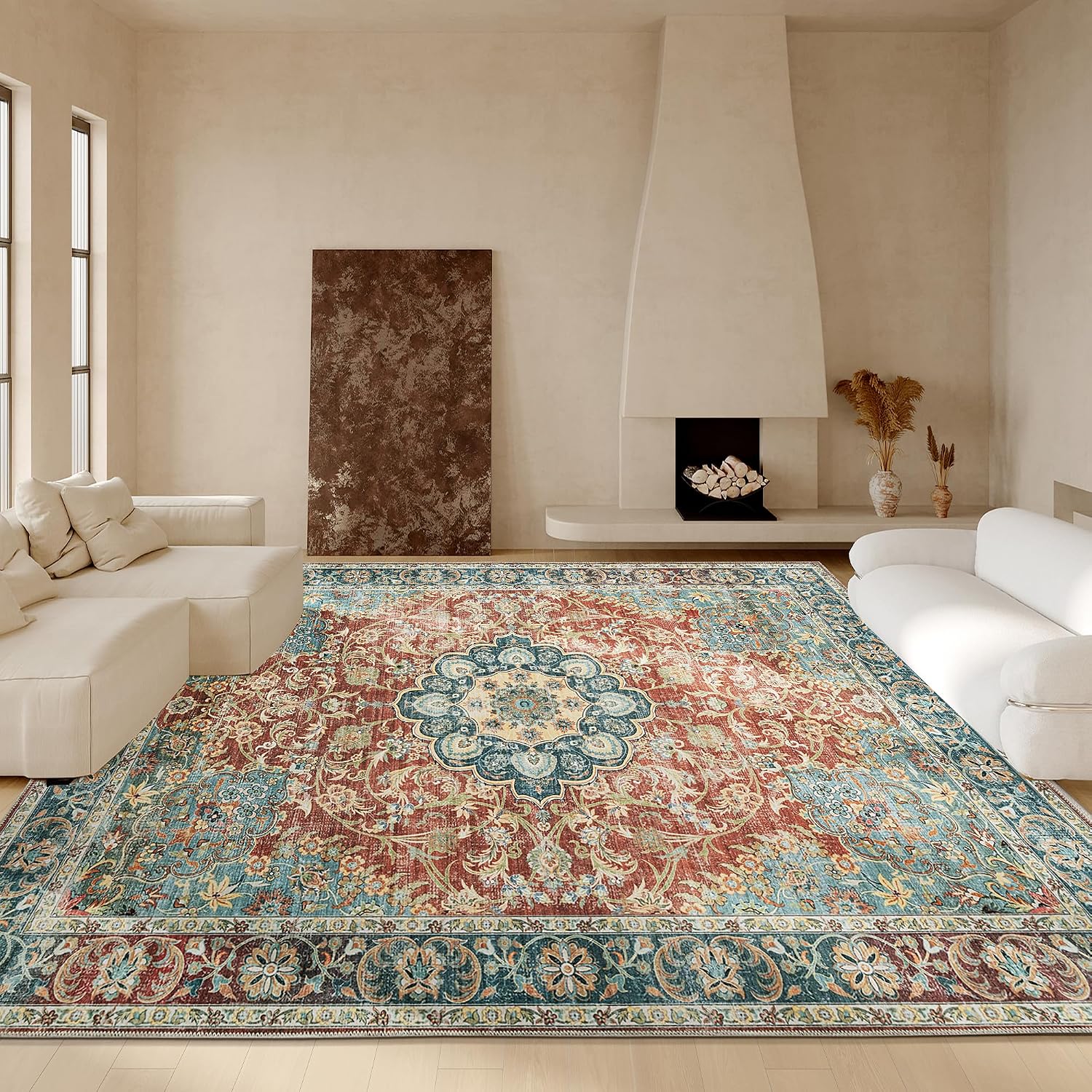 HOMBYS 10x14 Vintage Area Rug for Living Room Bedroom, Large Boho Floor Carpet with Non-Slip Backing for Indoor Office Dining Room, Traditional Home Deco Non-Shedding, Machine Washable