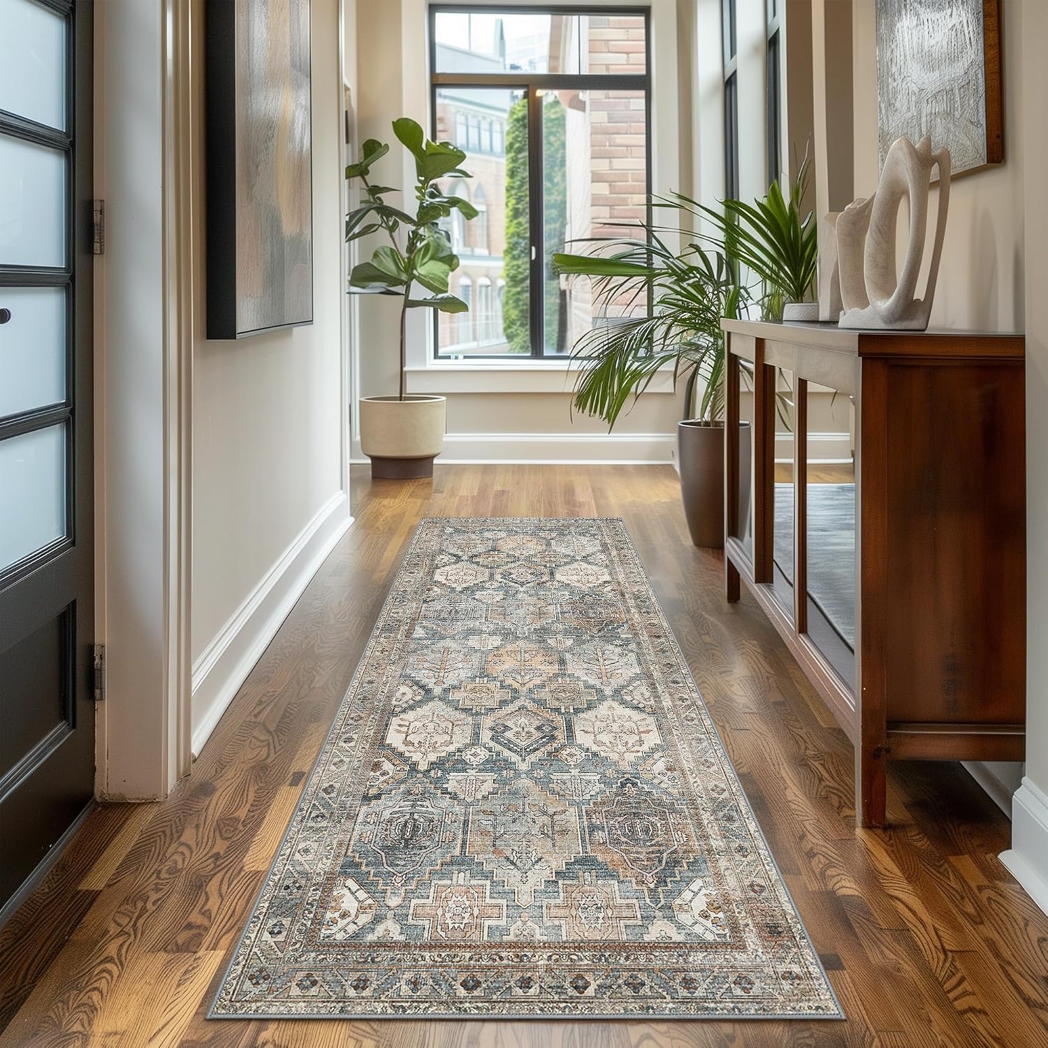 Area Rug 8x10 Machine Washable Vintage Distressed Print Ultra-Thin Chenille Bedroom Living Room Accent Rug, Low Pile Lightweight Non Slip with Gripper, Sage/Charcoal