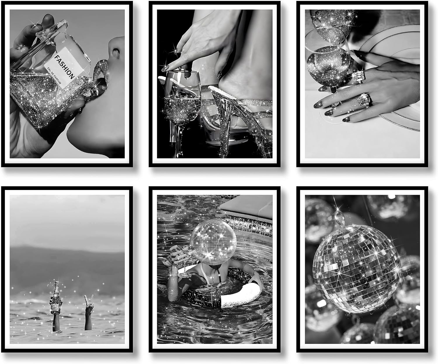 Fashion Wall Art Prints Set of 6 Feminist Black and White Glam Posters Retro Luxury Modern Women Champagne Mirror Ball Canvas Wall Decor for Living Room Bedroom (B, 8"x10" UNFRAMED)