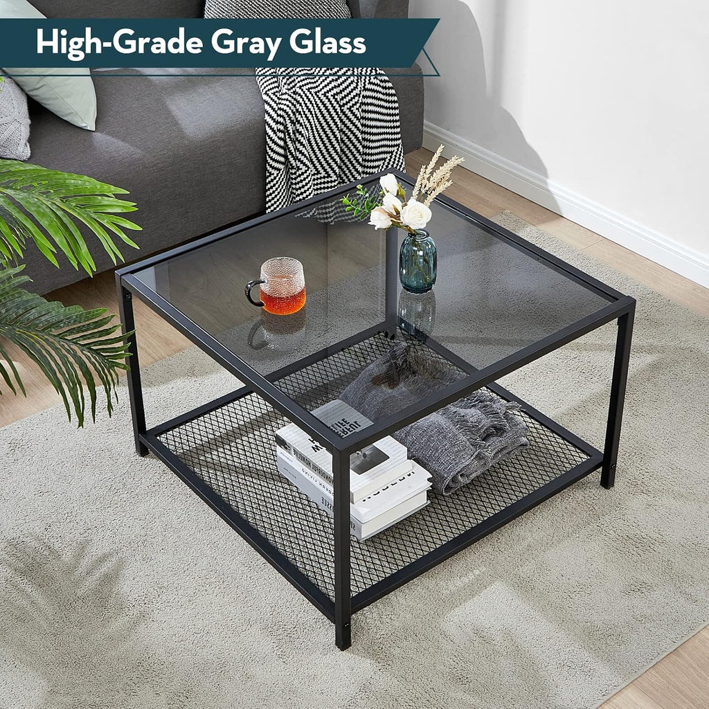 SAYGOER Glass Coffee Table, Small Modern Coffee Table Square Simple Center Tables for Living Room 26.7 x 26.7 x 15.7 Inches, Gray Black