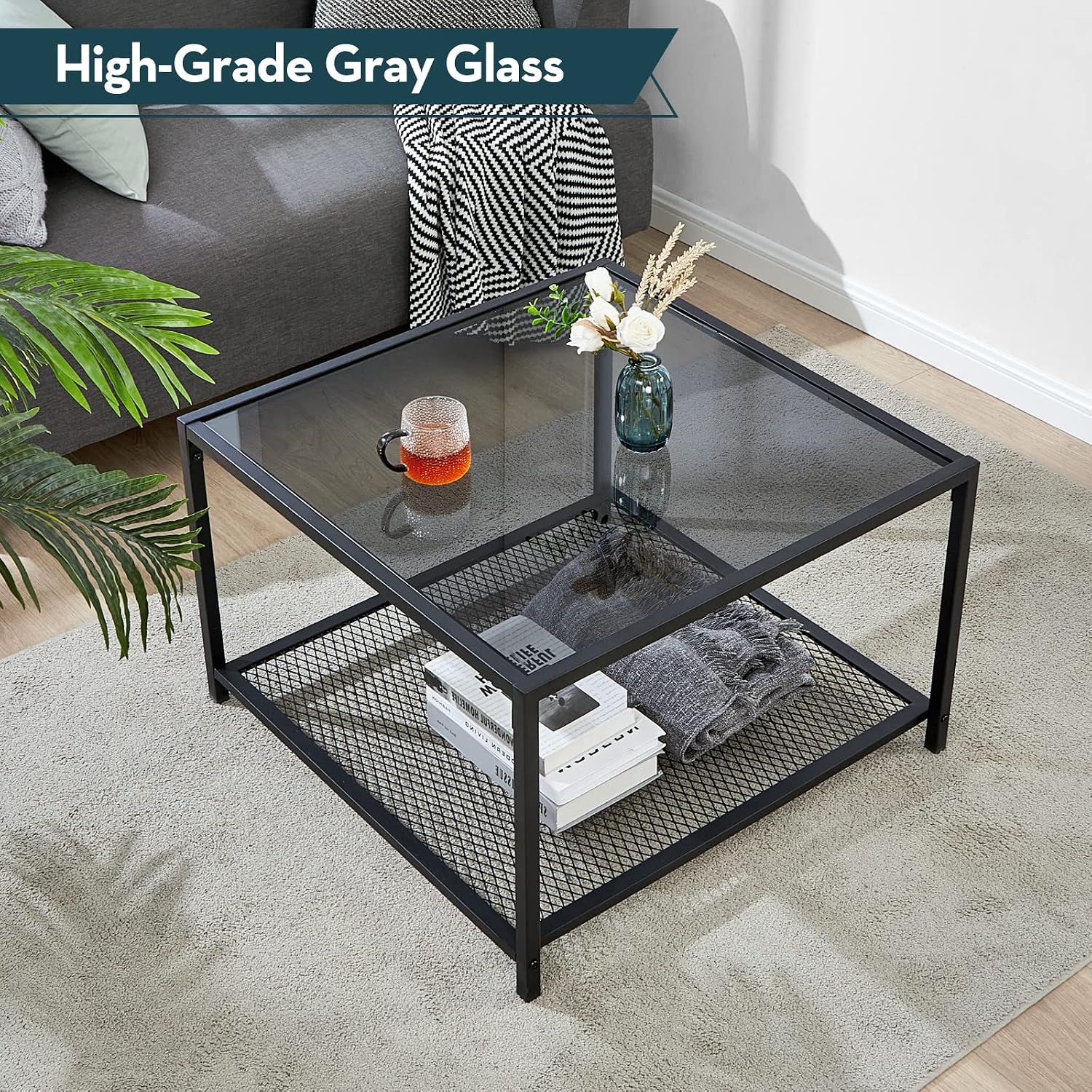 SAYGOER Glass Coffee Table, Small Modern Coffee Table Square Simple Center Tables for Living Room 26.7 x 26.7 x 15.7 Inches, Gray Black