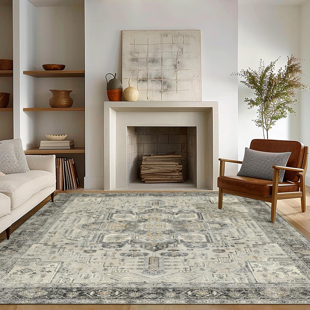 Area Rug 8x10 Machine Washable Vintage Distressed Print Ultra-Thin Chenille Bedroom Living Room Accent Rug, Low Pile Lightweight Non Slip with Gripper, Sage/Charcoal