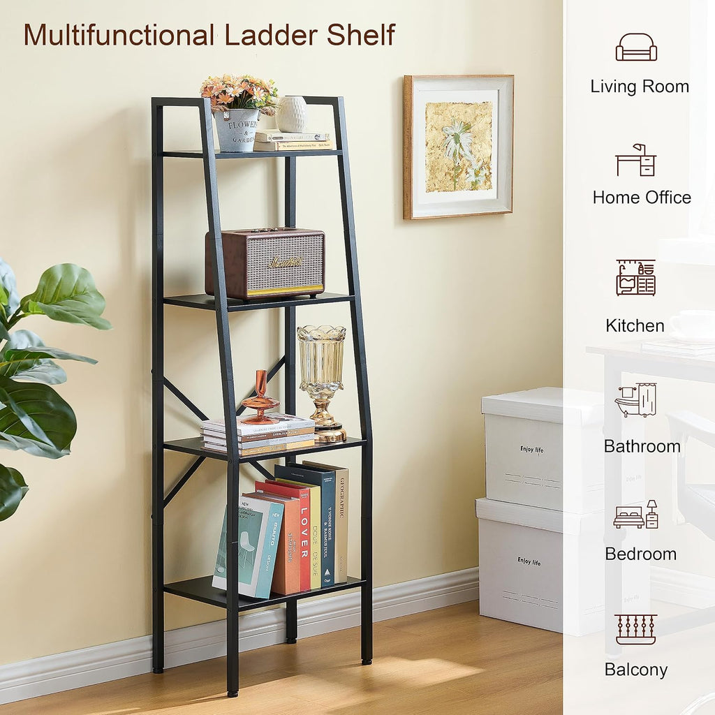 Hoctieon Ladder Shelf Bookcase, 4-Tier Industrial Tall Ladder Bookshelf with Metal Frame for Living Room, Kitchen, Home Office, Bedroom, Rustic Brown