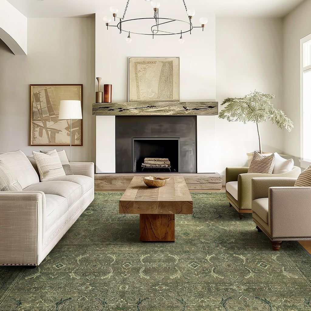 Area Rug 8x10 Machine Washable Vintage Distressed Print Ultra-Thin Chenille Bedroom Living Room Accent Rug, Low Pile Lightweight Non Slip with Gripper, Sage/Charcoal