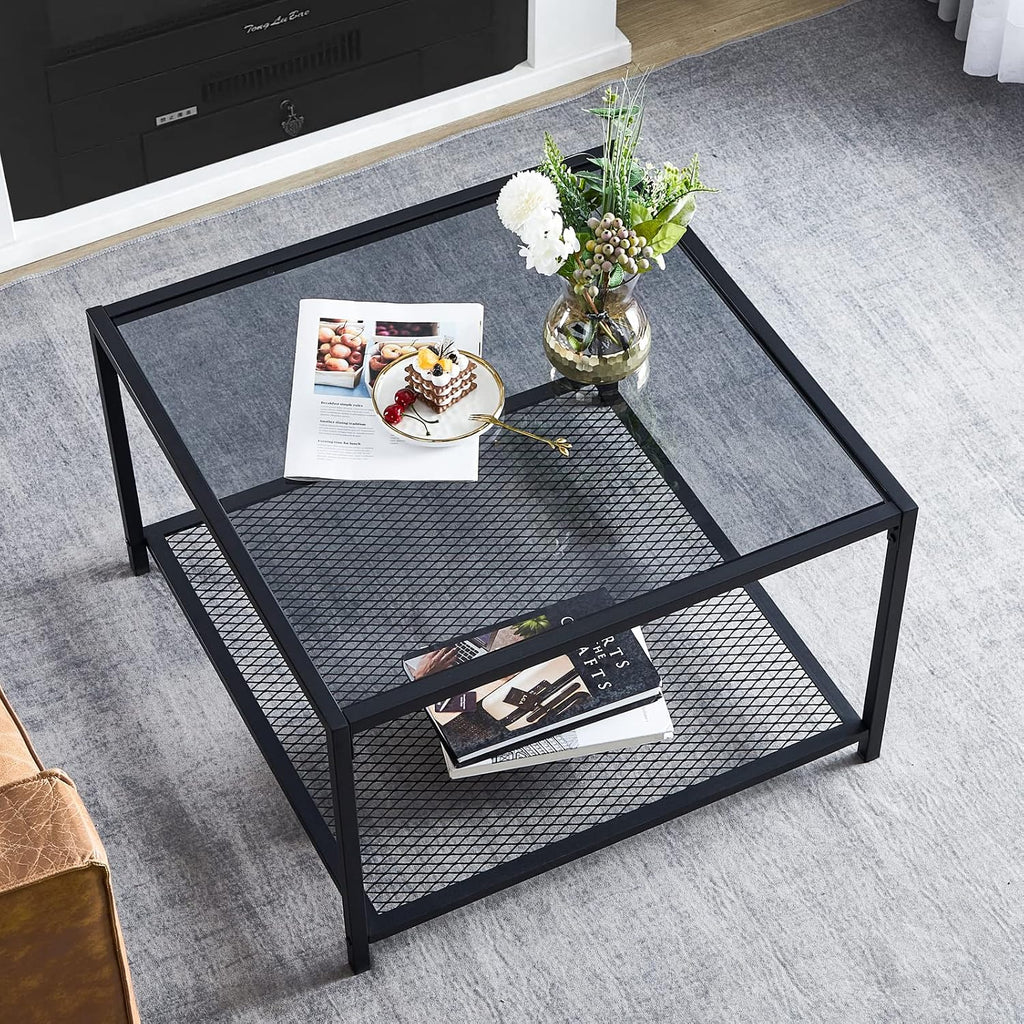 SAYGOER Glass Coffee Table, Small Modern Coffee Table Square Simple Center Tables for Living Room 26.7 x 26.7 x 15.7 Inches, Gray Black