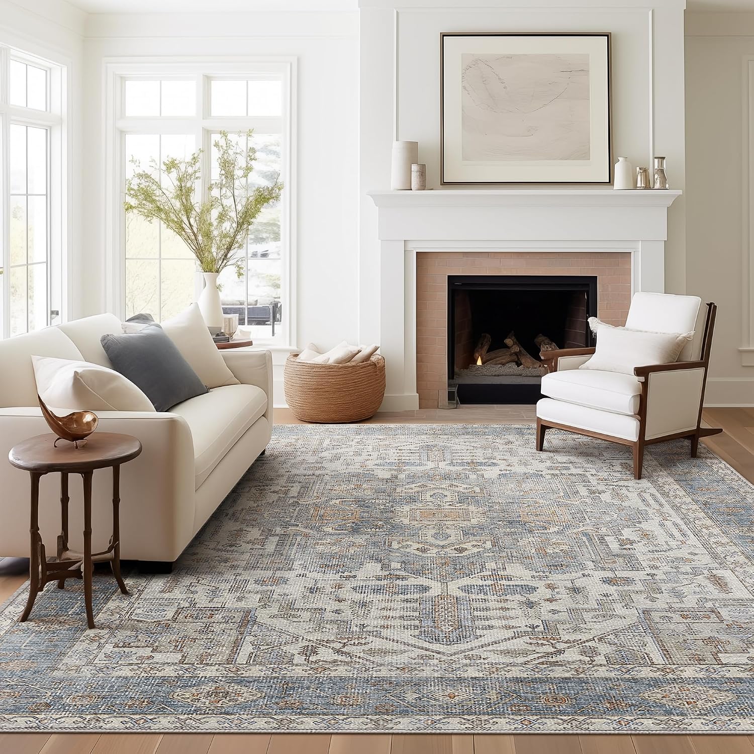Area Rug 8x10 Machine Washable Vintage Distressed Print Ultra-Thin Chenille Bedroom Living Room Accent Rug, Low Pile Lightweight Non Slip with Gripper, Sage/Charcoal