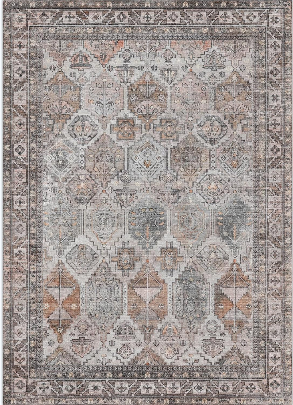 Area Rug 8x10 Machine Washable Vintage Distressed Print Ultra-Thin Chenille Bedroom Living Room Accent Rug, Low Pile Lightweight Non Slip with Gripper, Sage/Charcoal