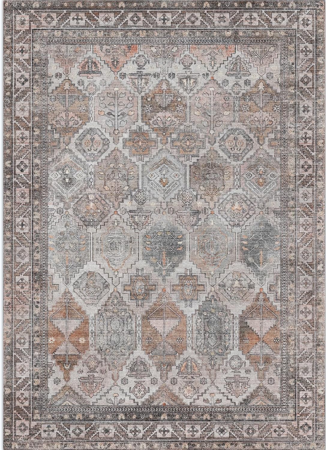 Area Rug 8x10 Machine Washable Vintage Distressed Print Ultra-Thin Chenille Bedroom Living Room Accent Rug, Low Pile Lightweight Non Slip with Gripper, Sage/Charcoal