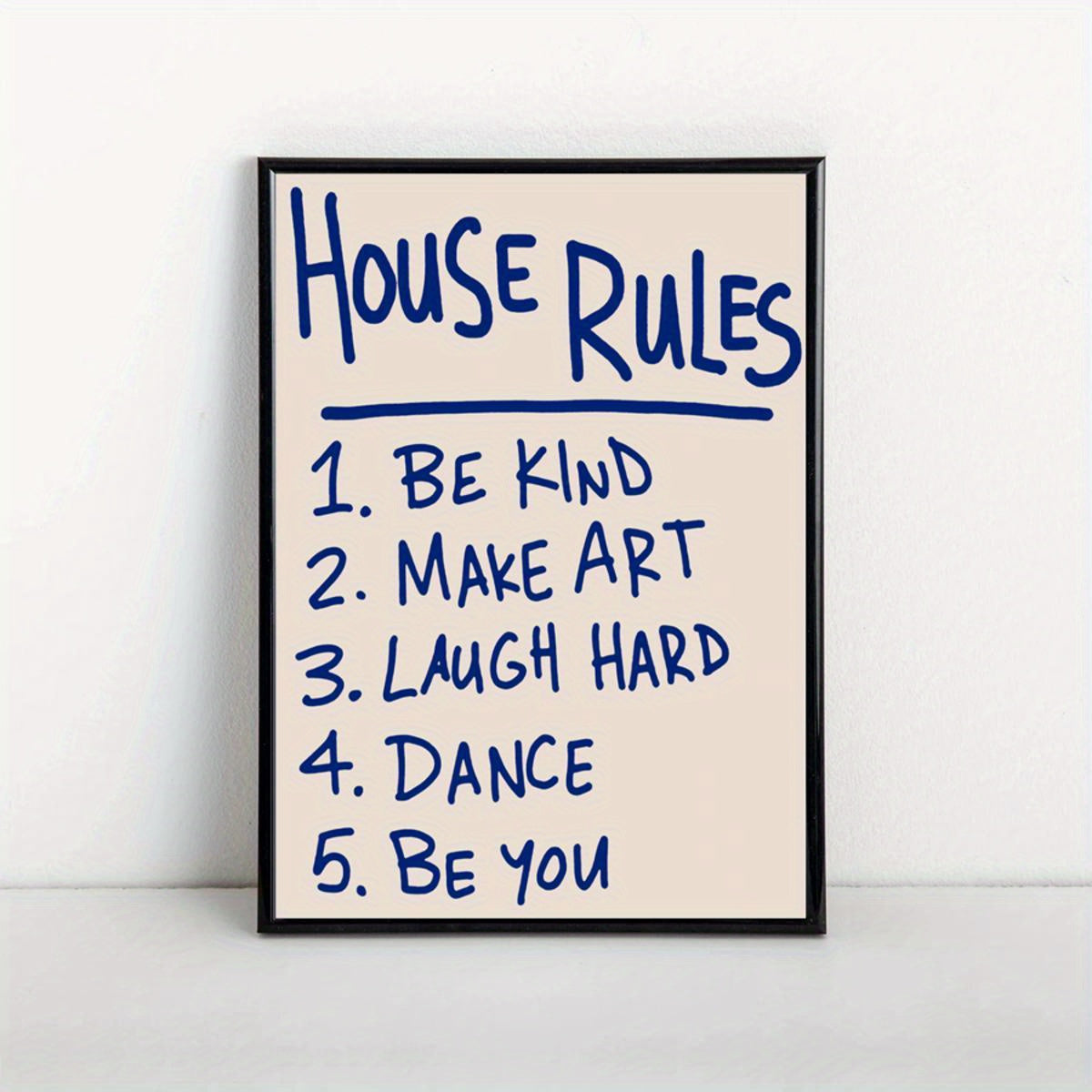 House Rules Canvas Wall Art, Blue Handwritten Be Kind and Make Art Quotes for Living Room — artwork and room preview