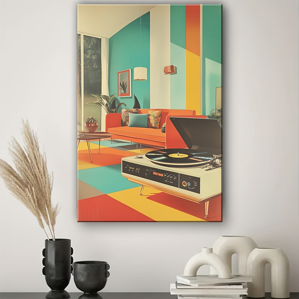 Retro Record Player Canvas Wall Art, Colorful Mid Century Living Room in Orange and Teal — artwork and room preview
