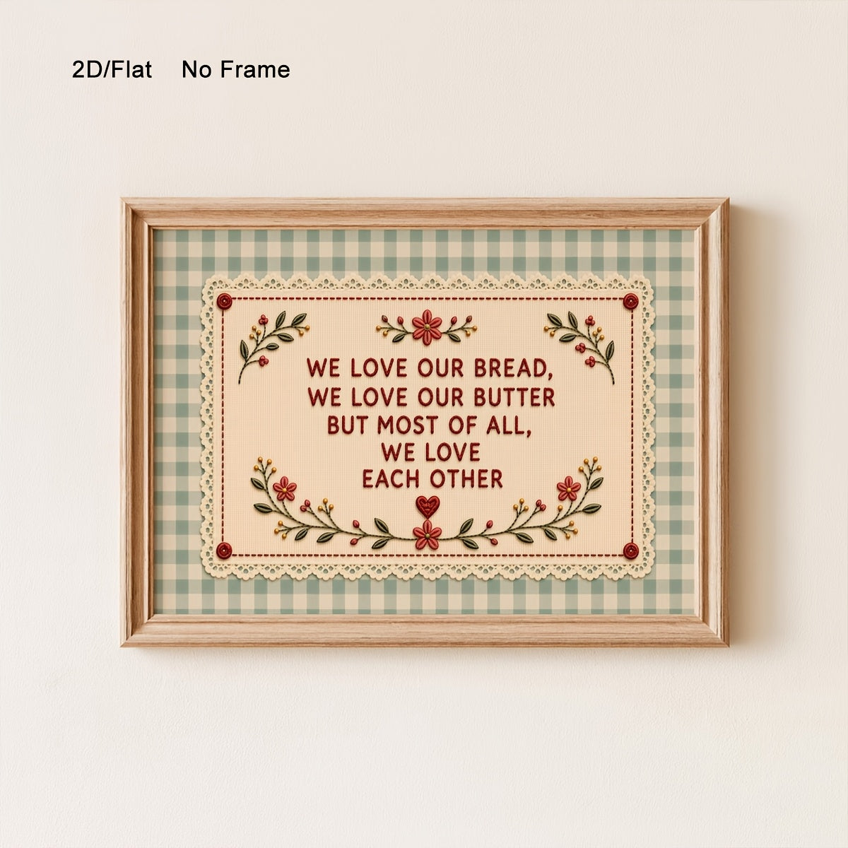 We Love Our Bread and Butter Canvas Wall Art, Vintage Folk Floral Quote for Cottage Kitchen — artwork and room preview